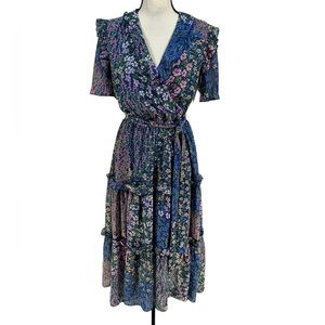 Rachel Purcell Short Sleeve Ruffle Floral Print Faux Wrap Dress - Blue - size 6